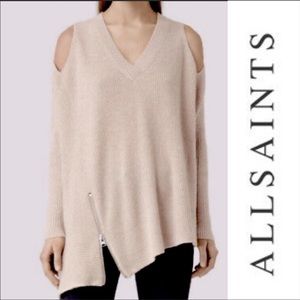 All Saints Zipper Detail Asymmetrical V-Neck Sweater Beige Tan
